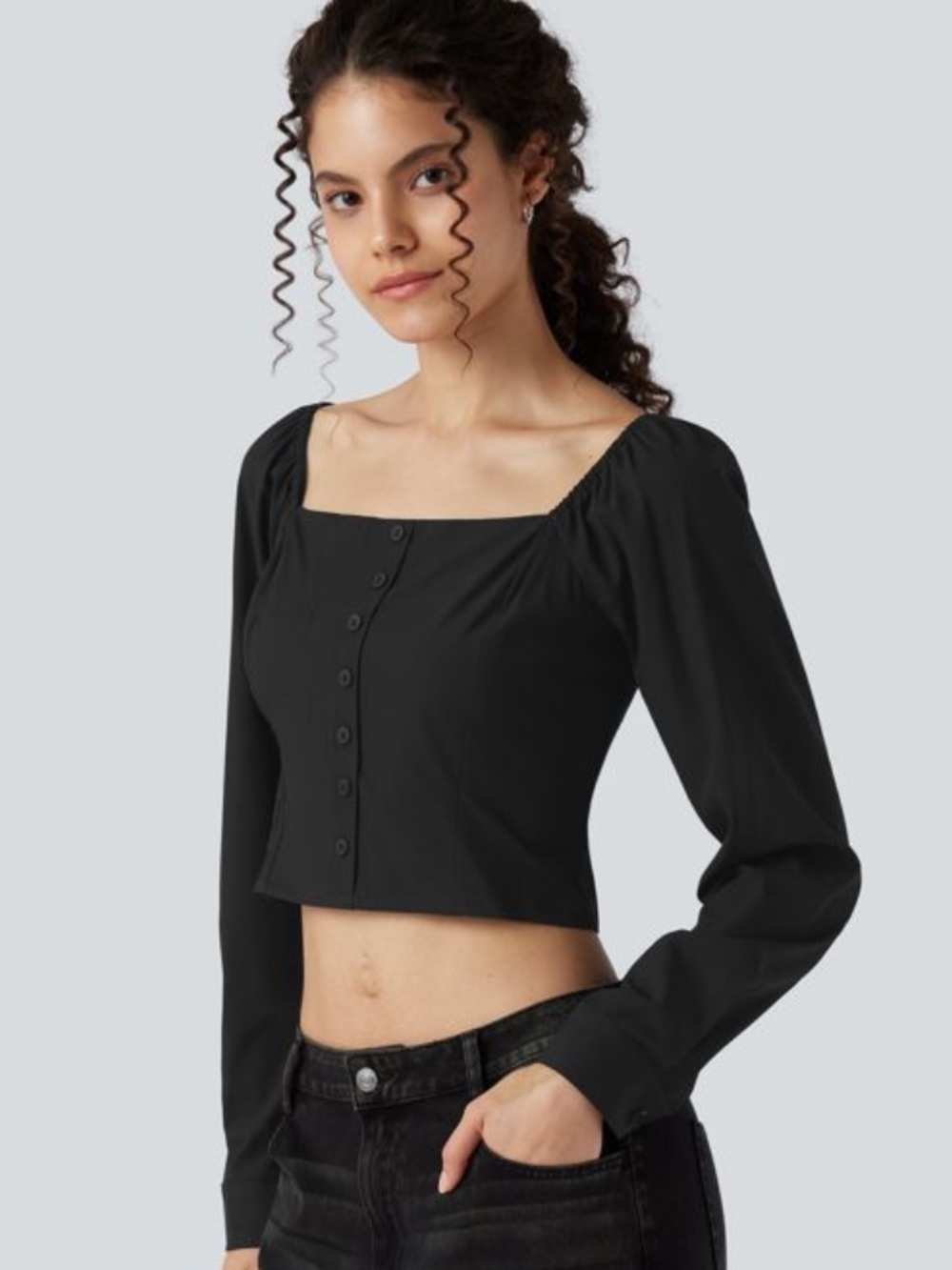 NEW WITH TAGS! Square Neck Puff Long Sleeve Shirred Cropped Quick Dry